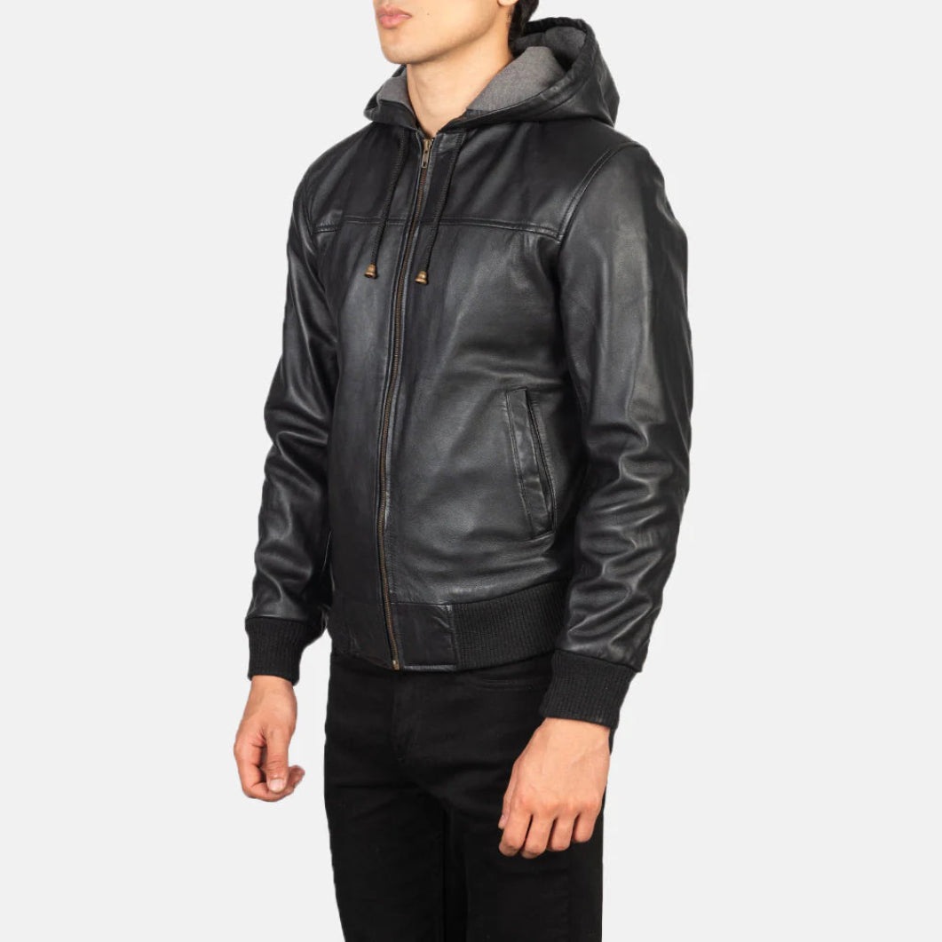Men’s Nintenzo Black Leather Bomber Jacket with Hood – Casual Streetwear