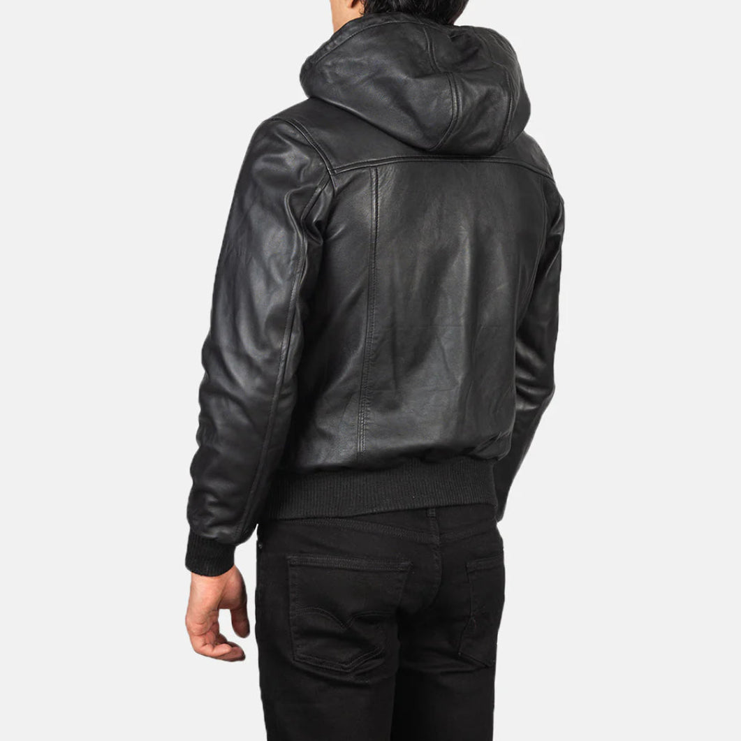 Men’s Nintenzo Black Leather Bomber Jacket with Hood – Casual Streetwear