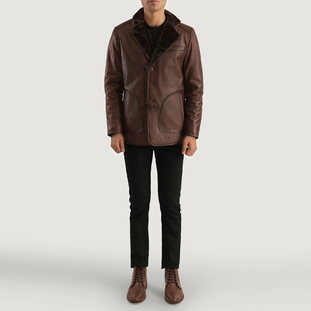 Men’s Rocky Brown Leather Coat with Fur – Warm & Stylish Cold Weather Wear