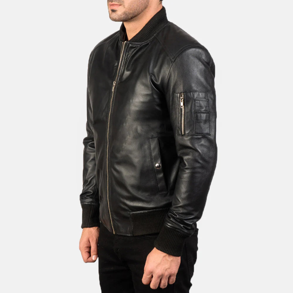 Bomia MA-1 Men's Black Leather Bomber Jacket – Classic Military Style Outerwear