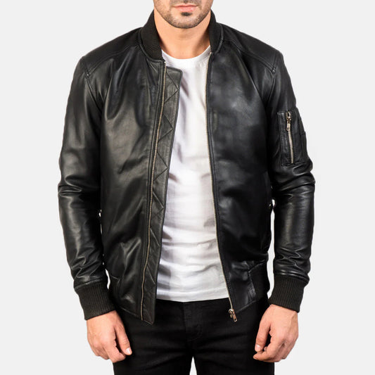 Bomia MA-1 Men's Black Leather Bomber Jacket – Classic Military Style Outerwear