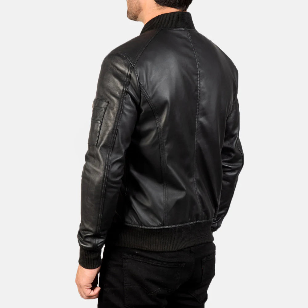 Bomia MA-1 Men's Black Leather Bomber Jacket – Classic Military Style Outerwear