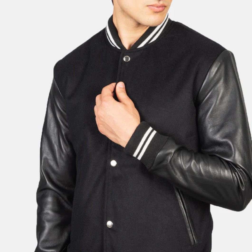 Vaxton Black Varsity Jacket with Stripes – Premium Hybrid Design