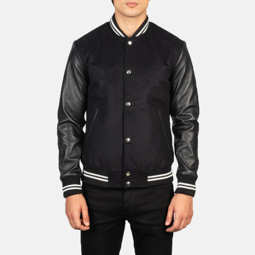 Vaxton Black Varsity Jacket with Stripes – Premium Hybrid Design