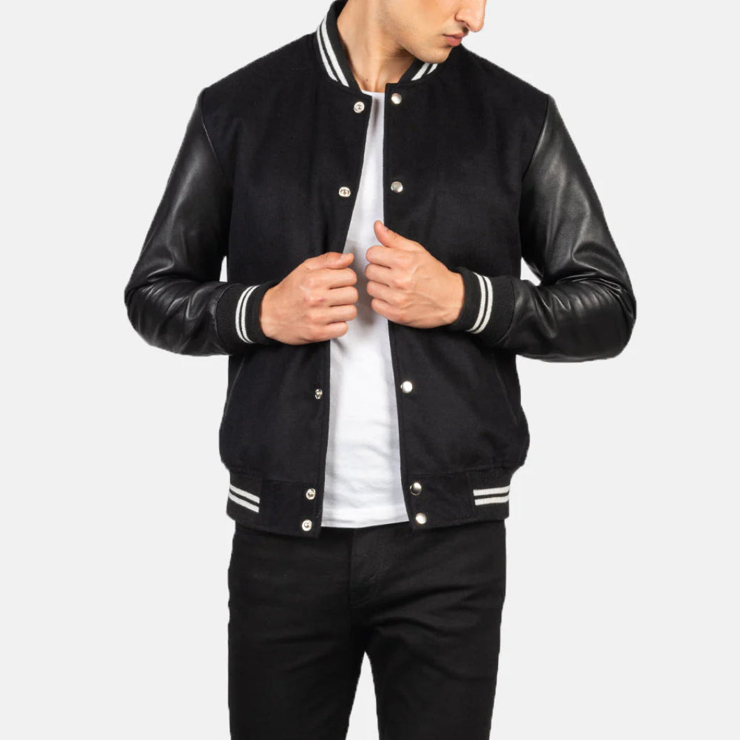 Vaxton Black Varsity Jacket with Stripes – Premium Hybrid Design