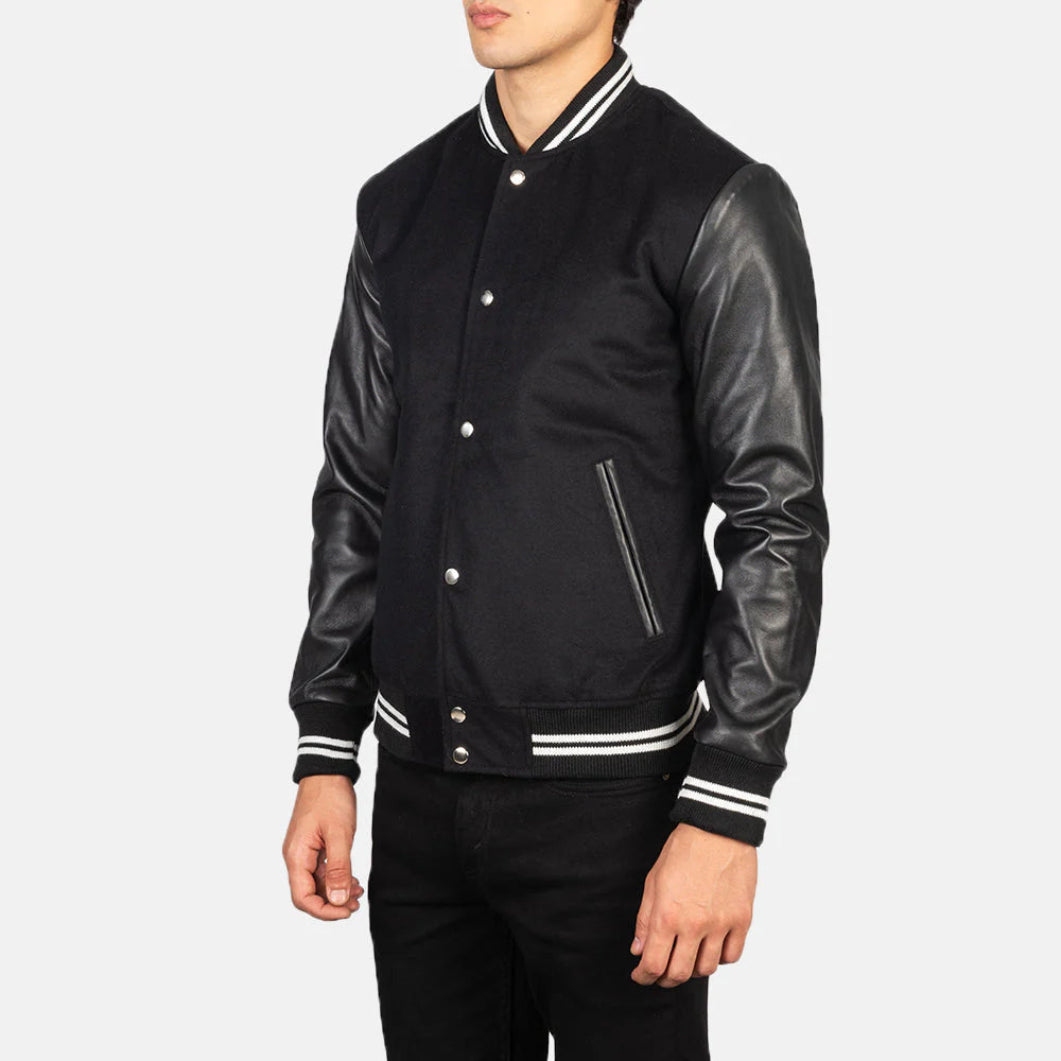 Vaxton Black Varsity Jacket with Stripes – Premium Hybrid Design