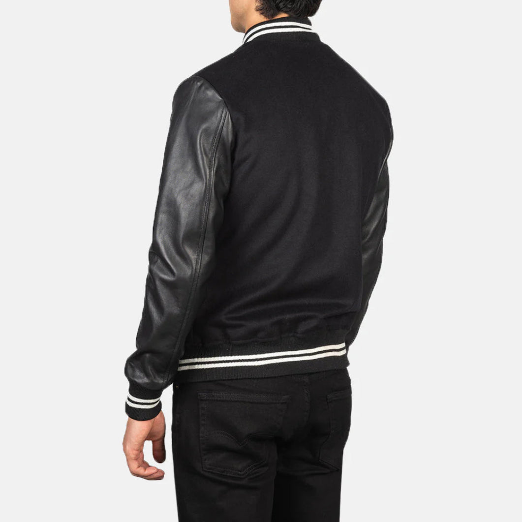 Vaxton Black Varsity Jacket with Stripes – Premium Hybrid Design