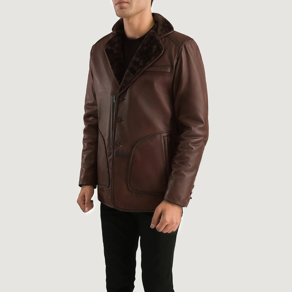 Men’s Rocky Brown Leather Coat with Fur – Warm & Stylish Cold Weather Wear