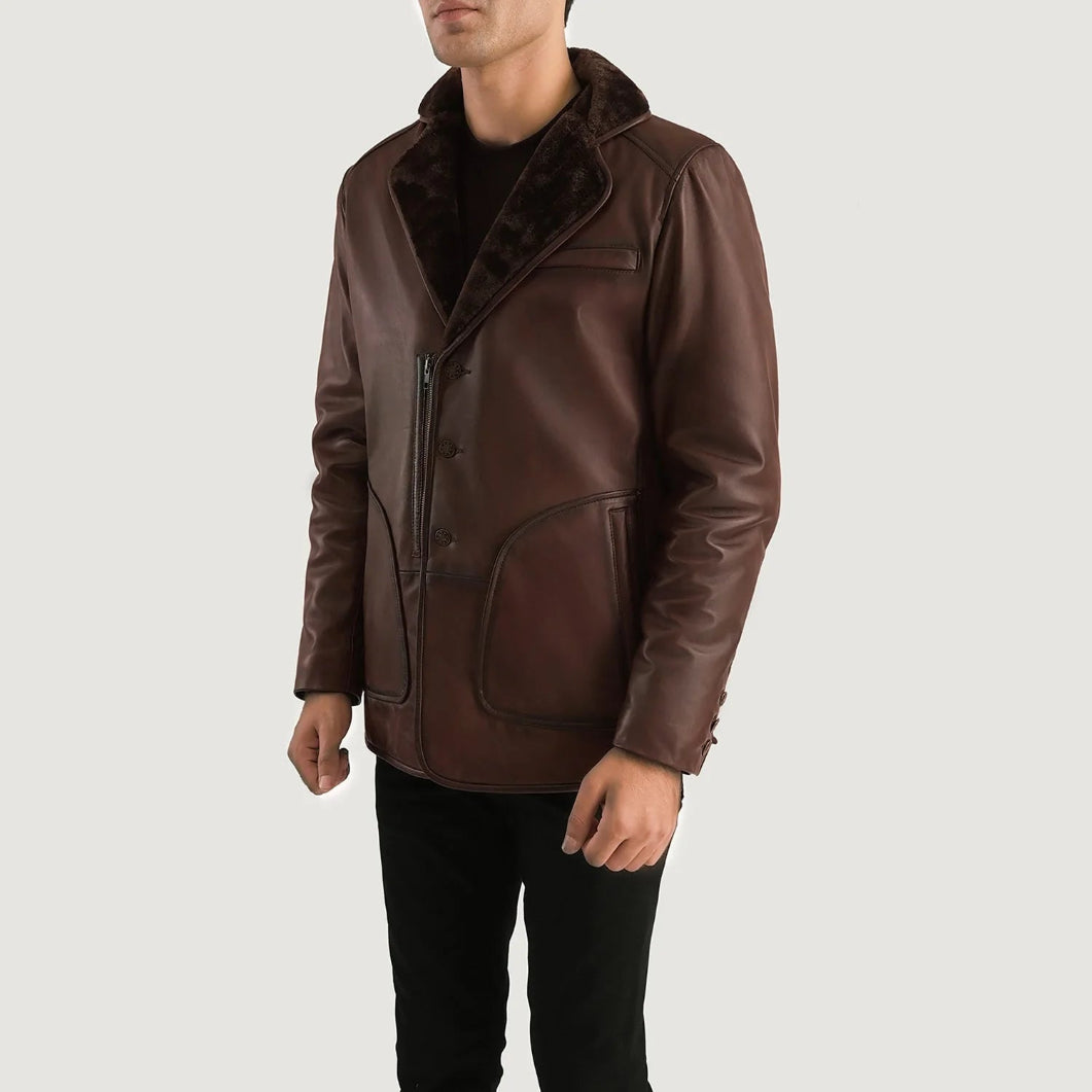 Men’s Rocky Brown Leather Coat with Fur – Warm & Stylish Cold Weather Wear