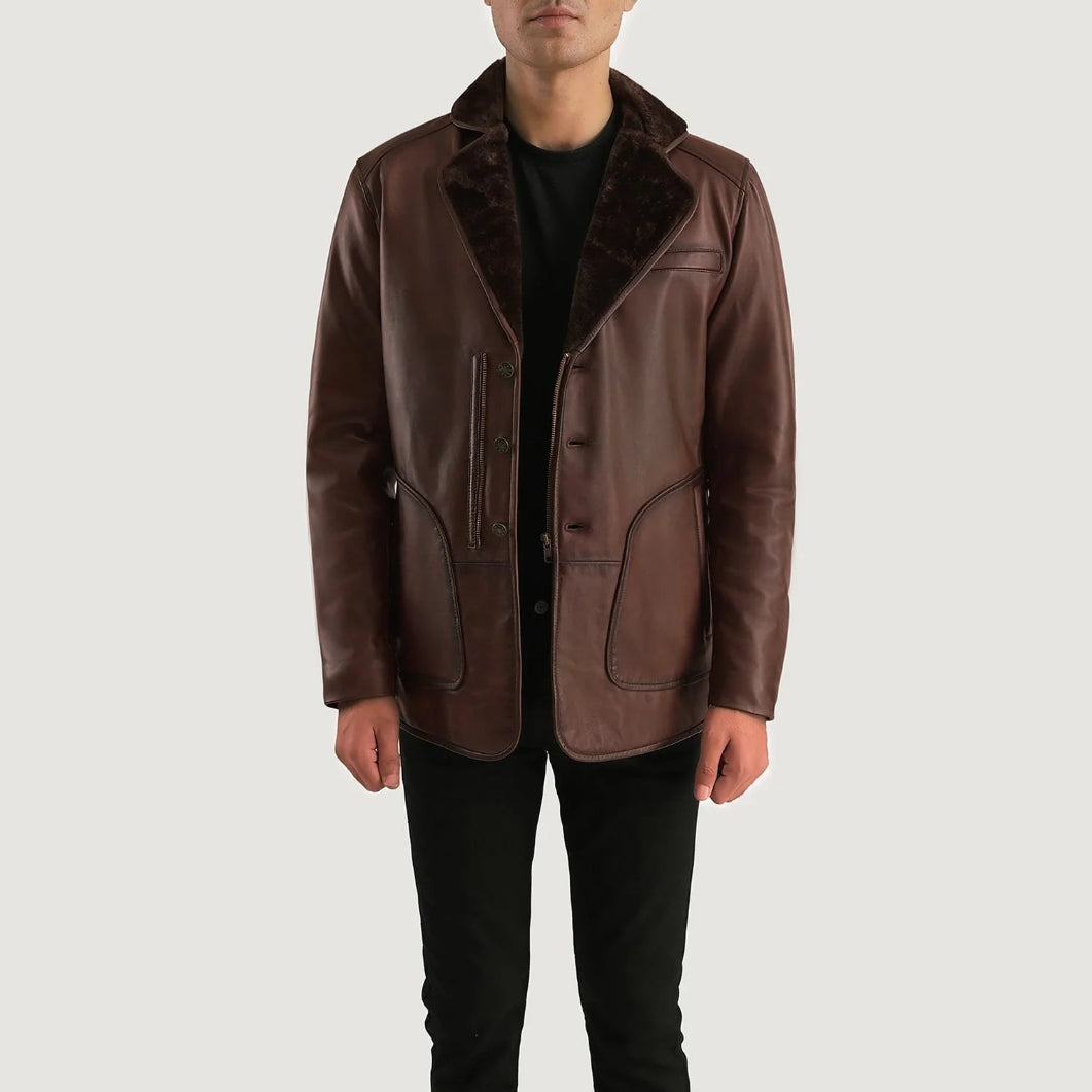 Men’s Rocky Brown Leather Coat with Fur – Warm & Stylish Cold Weather Wear