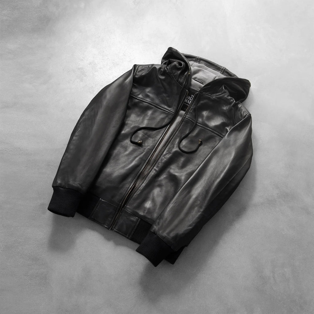 Men’s Nintenzo Black Leather Bomber Jacket with Hood – Casual Streetwear