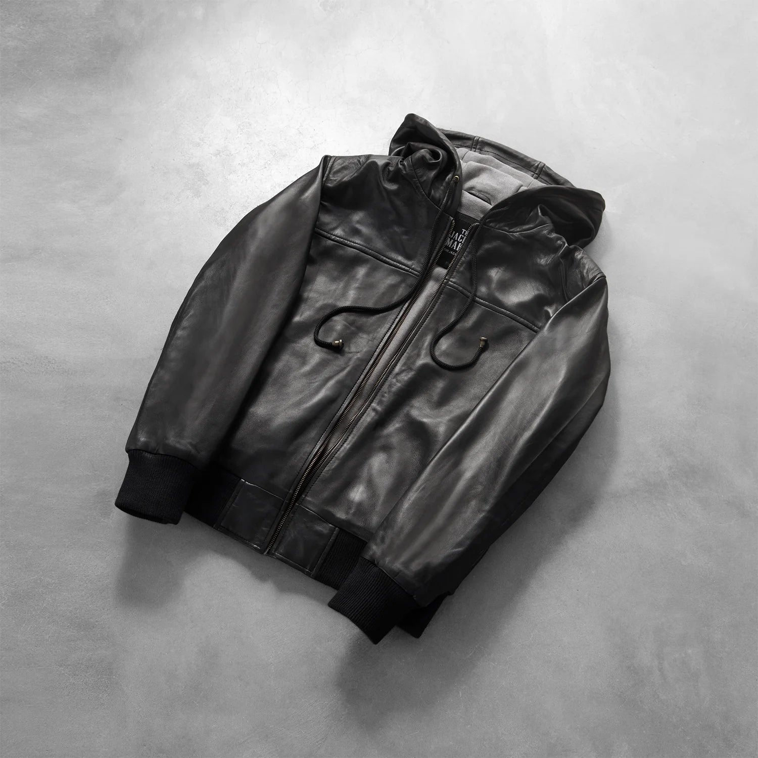 Men’s Nintenzo Black Leather Bomber Jacket with Hood – Casual Streetwear