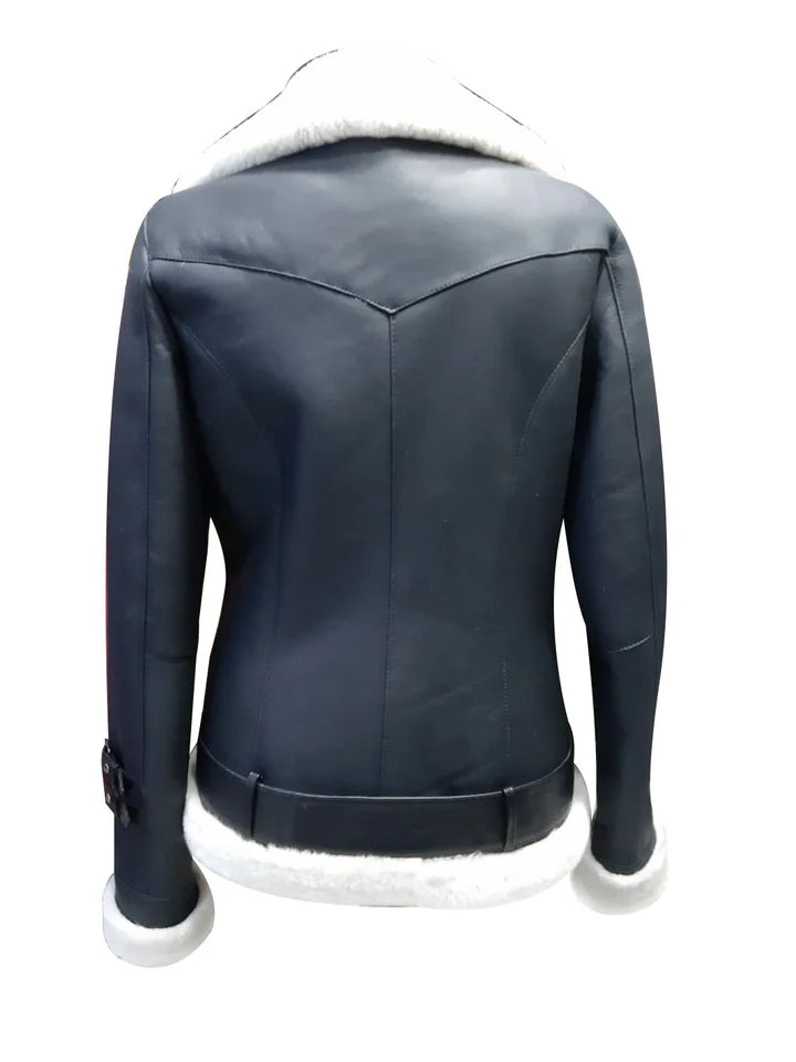 Jayne’s Black and White Sheepskin Biker Jacket – Premium Shearling Leather Style