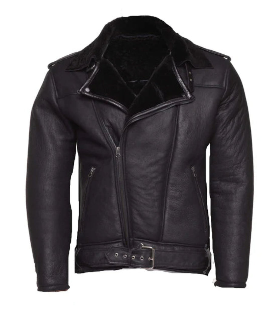 Black on Black Shearling Biker Jacket – Sleek All-Black Winter Outerwear