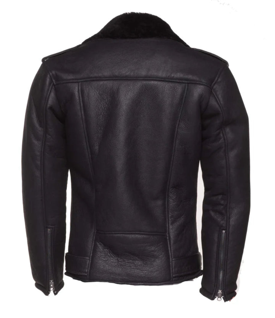 Black on Black Shearling Biker Jacket – Sleek All-Black Winter Outerwear