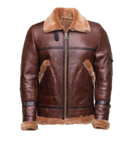 Esa Brown Sheepskin Bomber Jacket – Shearling-Lined with Large Utility Pockets