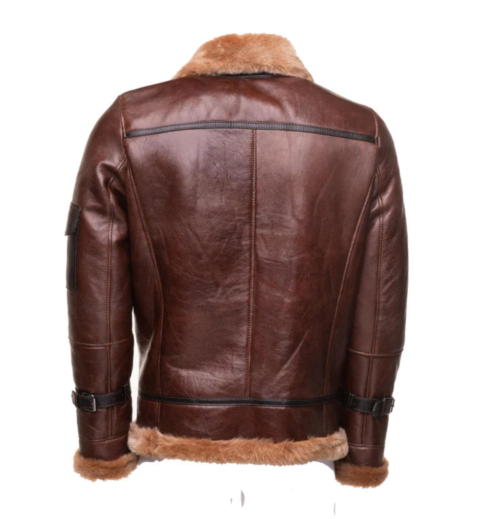 Esa Brown Sheepskin Bomber Jacket – Shearling-Lined with Large Utility Pockets