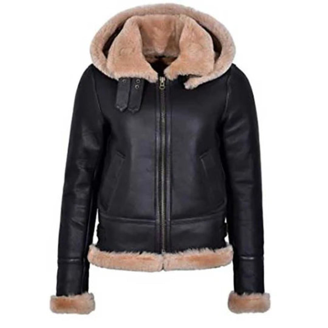 Hooded Aviator Jacket for Women – Genuine Leather Bombe