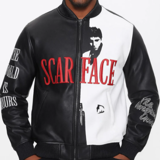 Scarface Leather Jacket – Real Leather Bomber for Men | Tony Montana Movie Jacket | Streetwear Hip Hop Coat | The World Is Yours