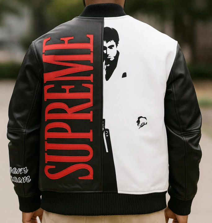 Scarface Leather Jacket – Real Leather Bomber for Men | Tony Montana Movie Jacket | Streetwear Hip Hop Coat | The World Is Yours