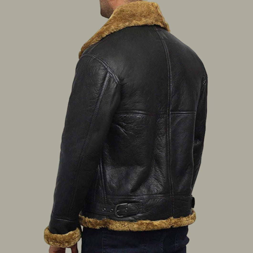 Mens Shearling B3 Bomber Jacket – Short Fur Sheepskin Coat Winter Outerwear"