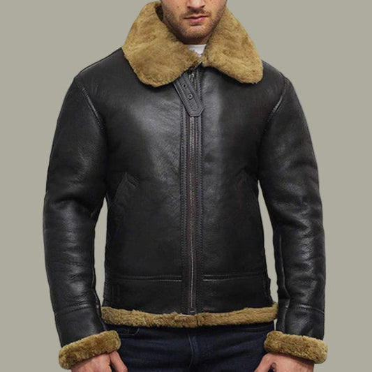 Mens Shearling B3 Bomber Jacket – Short Fur Sheepskin Coat Winter Outerwear"