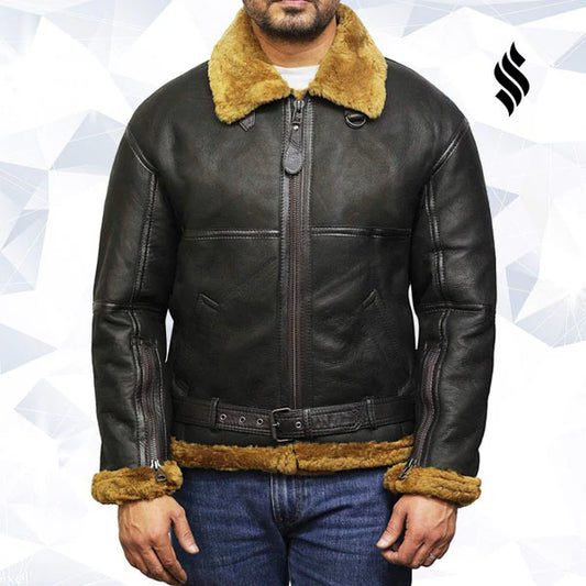 Men’s Classic Shearling Aviator Jacket – Genuine Leather Bomber for Cold Weather