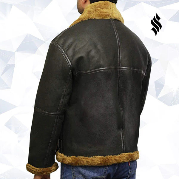 Men’s Classic Shearling Aviator Jacket – Genuine Leather Bomber for Cold Weather