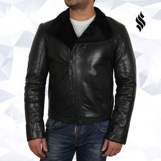 Men’s Real Shearling Leather Jacket – Classic Black Sheepskin Bomber Coat