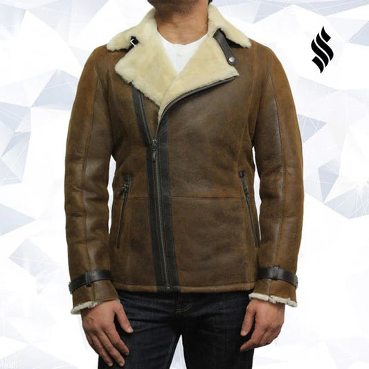 Men’s Luxury Rust Brown Aviator Jacket – Real Shearling Sheepskin Leather